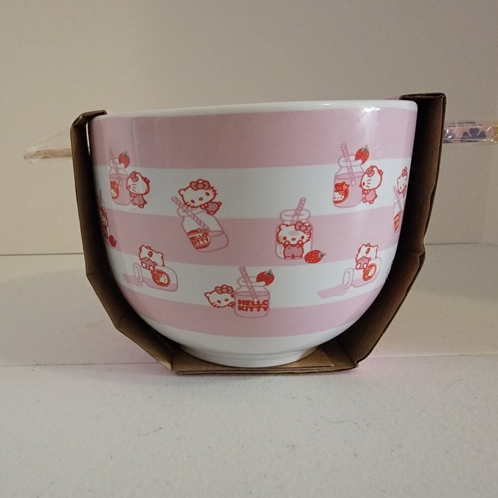 Hello Kitty Ramen Bowl Set Sanrio Pink Kawaii Noodle Soup Bowl w Chopsticks New